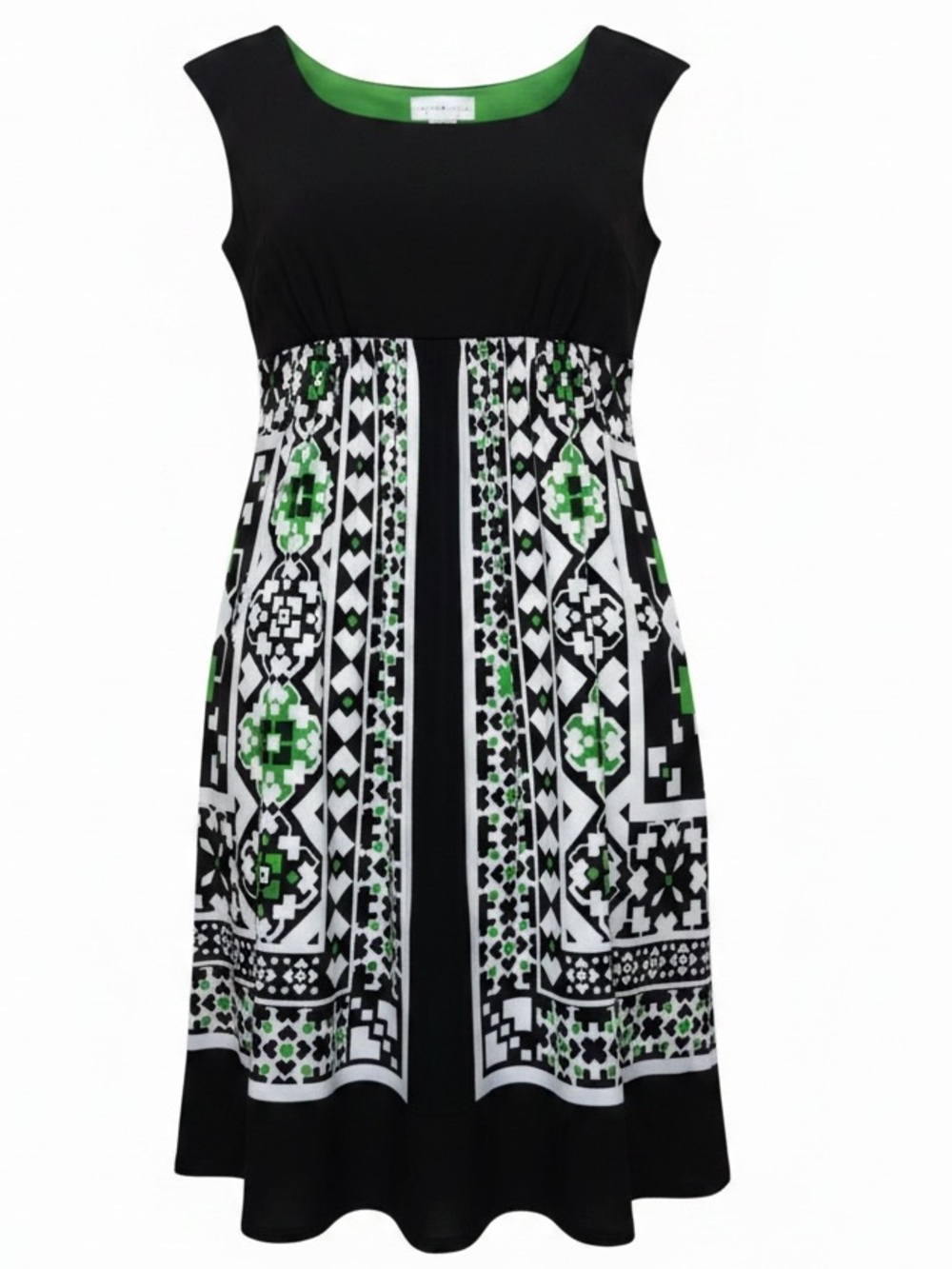 London Style A-Line Midi Swing Vibrant Green/Black Sleeveless Dress Sz 10 EUC